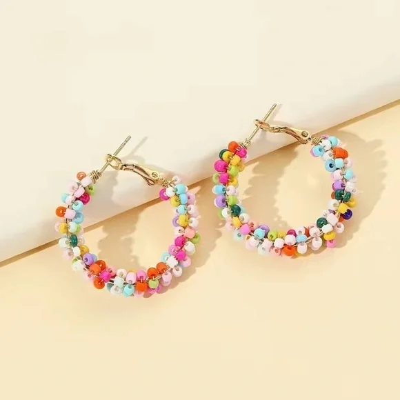 Boho Colorful Rice Bead Hoop Earrings - Picture 1 of 5